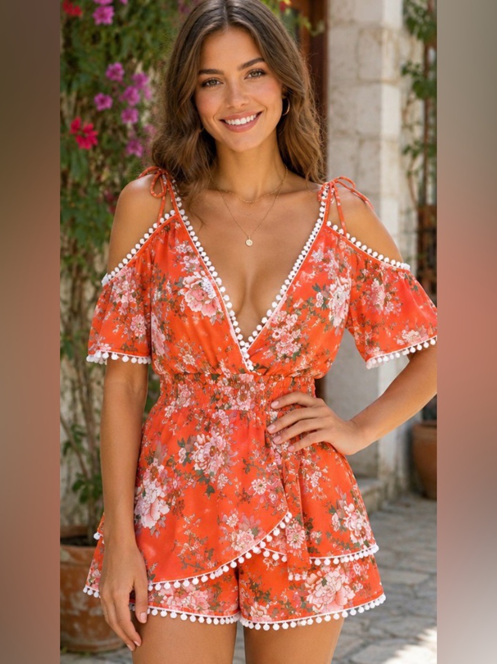 LUXXEL Cold Shoulder Feminine Floral Dress Boho Coral Pink Size Small